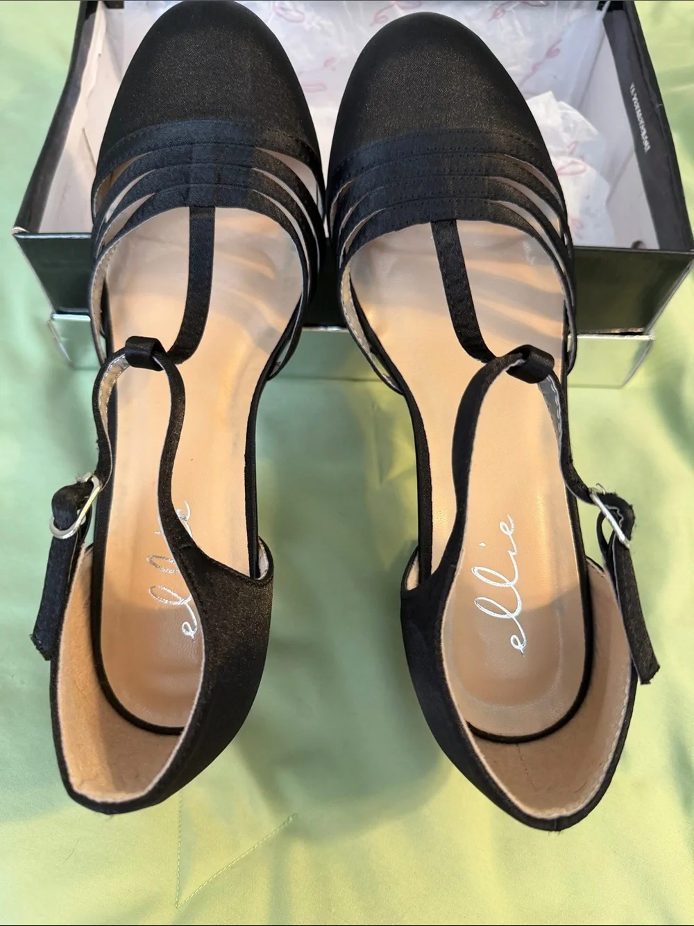Ellie Black Satin T-Strap Dance Shoes